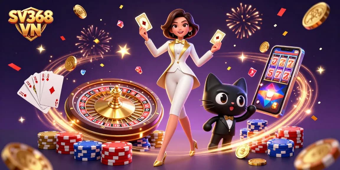 Experience the thrill of SV368 VN with a glamorous casino scene featuring dynamic characters and celebratory elements.