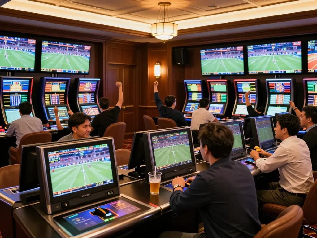 Sunwin sports enthusiasts analyzing betting odds in a luxury casino setting.