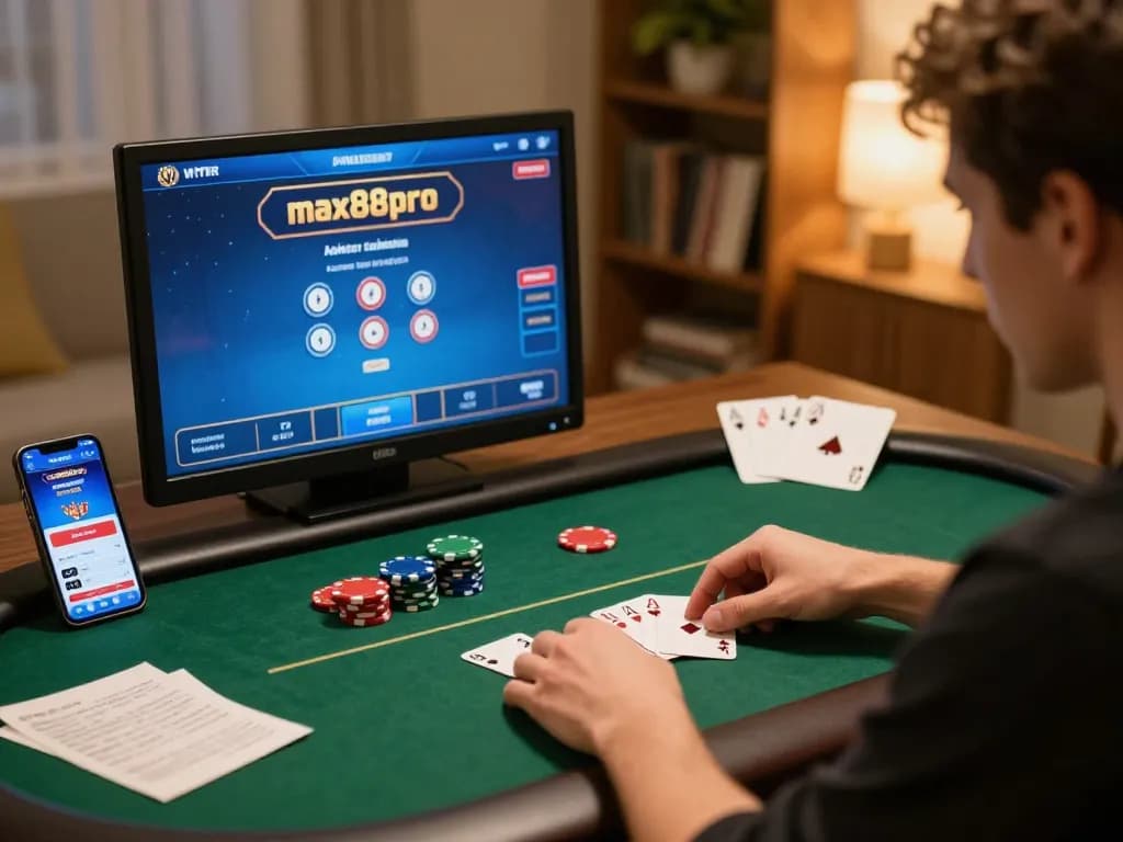 Player focused on poker strategy using max88pro app in a cozy home environment.