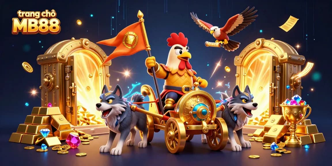 Engage in thrilling adventures at trang chủ MB88 with dynamic 3D casino illustration of a rooster warlord.