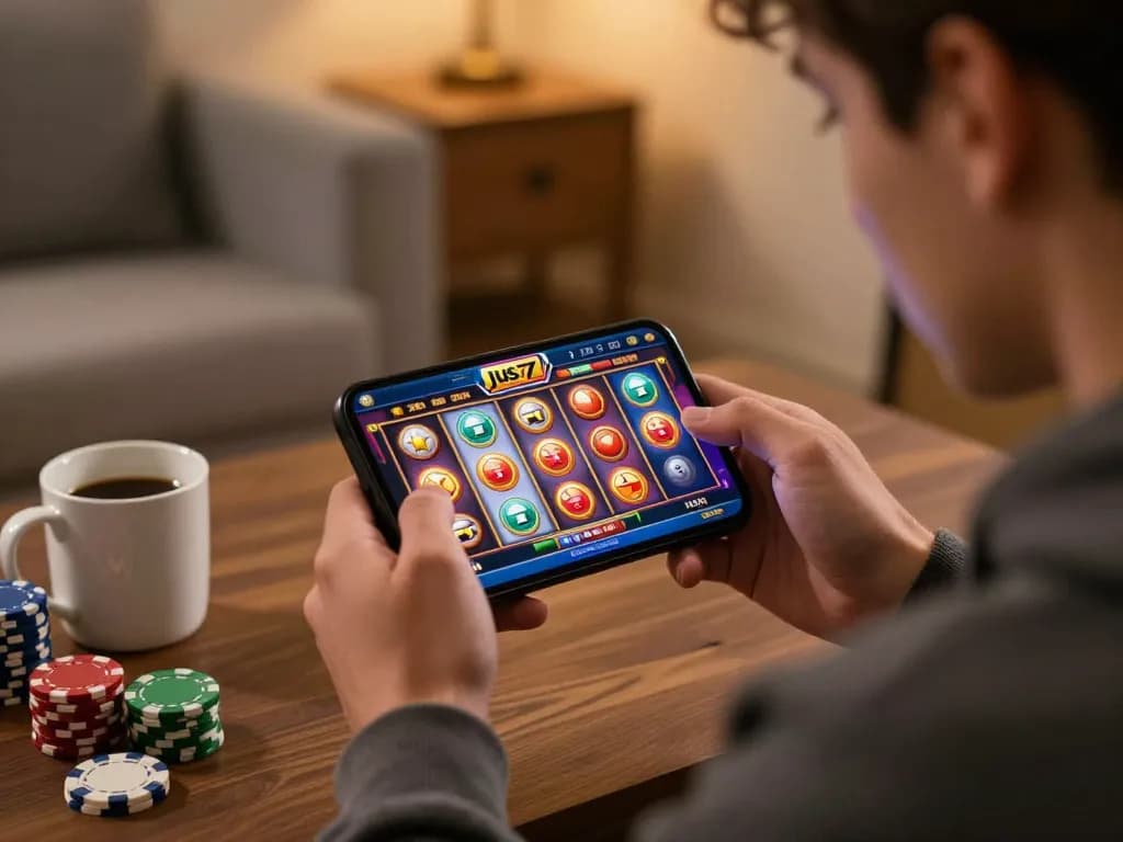 Engaging with jus77 slot games on a smartphone in a cozy home setting, highlighting winning gameplay.