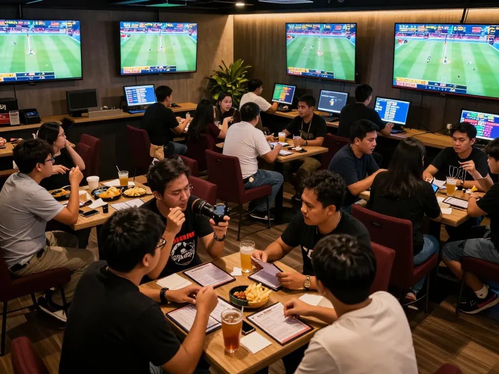 Engaged fans cheering and betting on 7meter Judi Bola in a lively sports lounge.