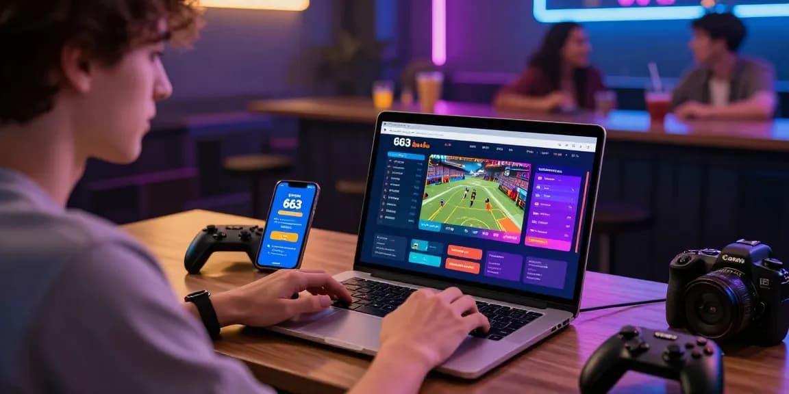 Engaging scene of a user interacting with 663 bet online betting platform amidst a lively social setting.