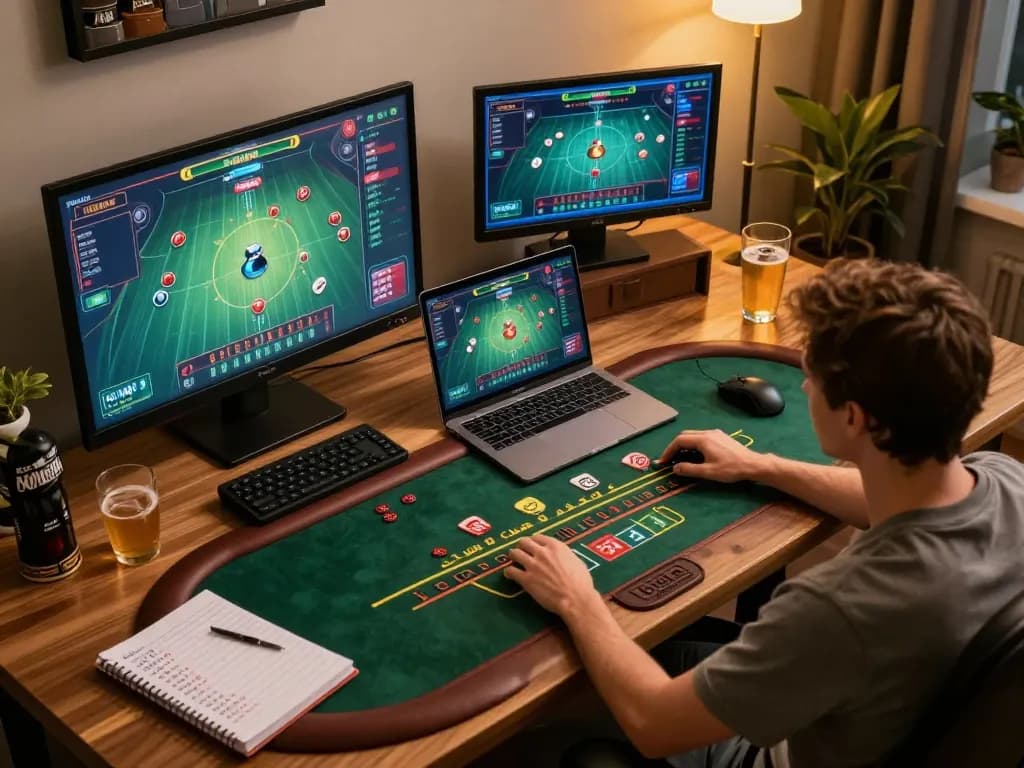 Engaged player using soc88 live dealer gaming setup, showcasing strategic gameplay and a cozy atmosphere.
