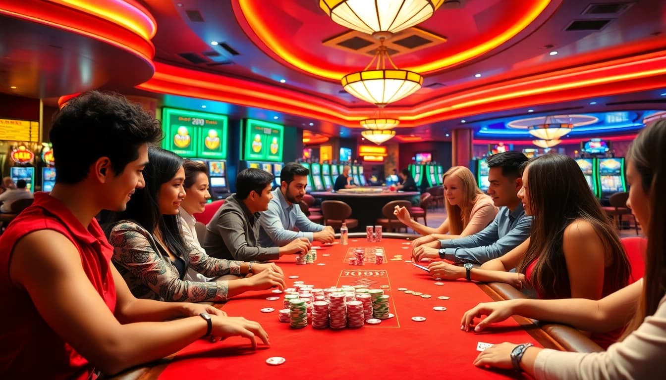Experience the thrill of AT99娛樂城 with players enjoying vibrant casino games and a lively atmosphere.