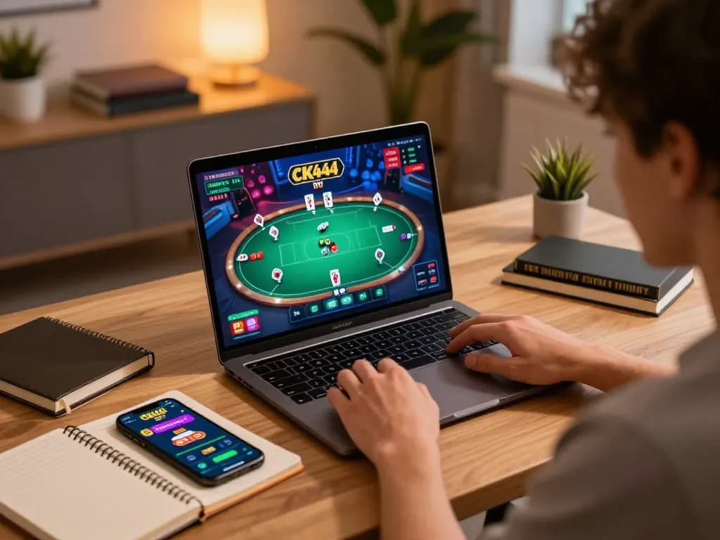 Player analyzing poker strategies using CK444 casino app on laptop in cozy home office