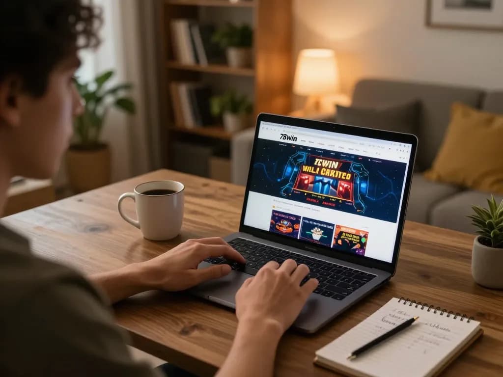 Engaging with 78win's online casino platform during a cozy home gaming session, showcasing responsible gambling strategies.