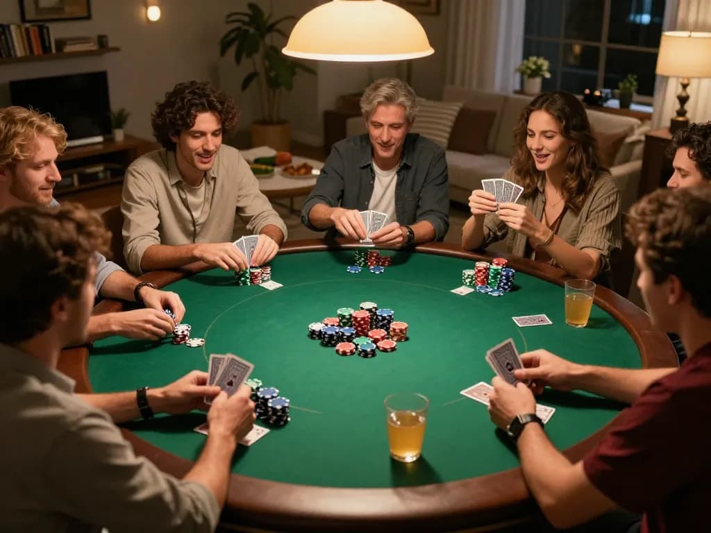 Friends enjoy a lively poker night at home, showcasing strategic gameplay and excitement, FC88 themed atmosphere.