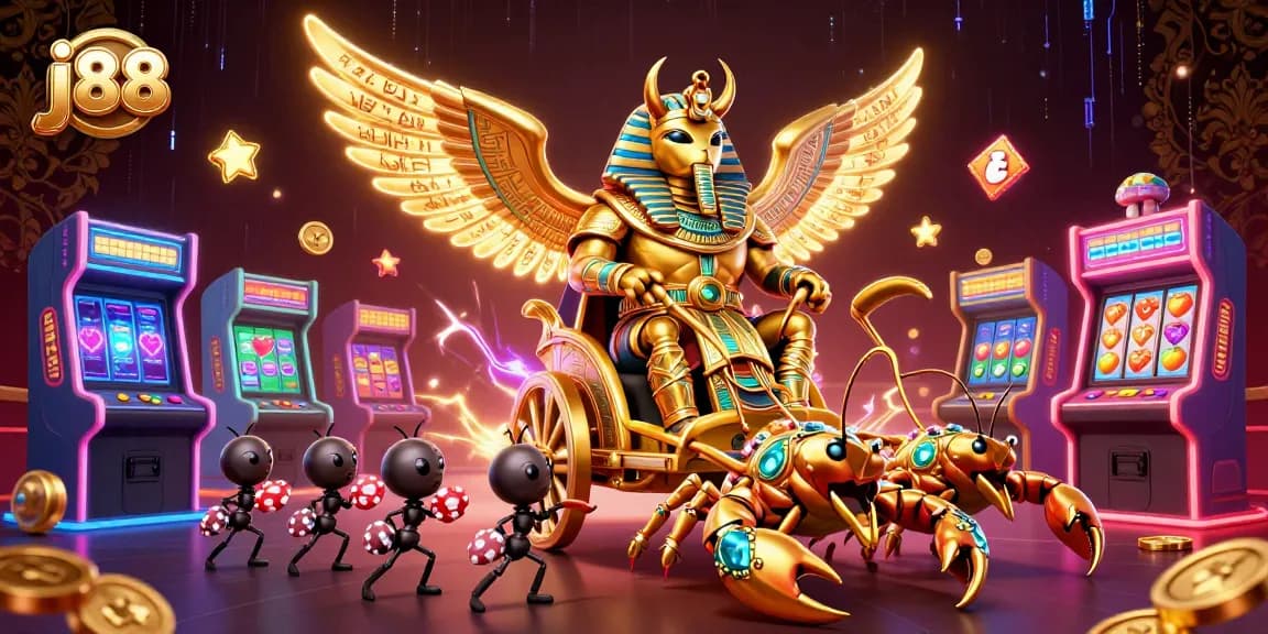 Experience thrilling j88 gameplay with a colossal scarab beetle and dazzling casino elements.