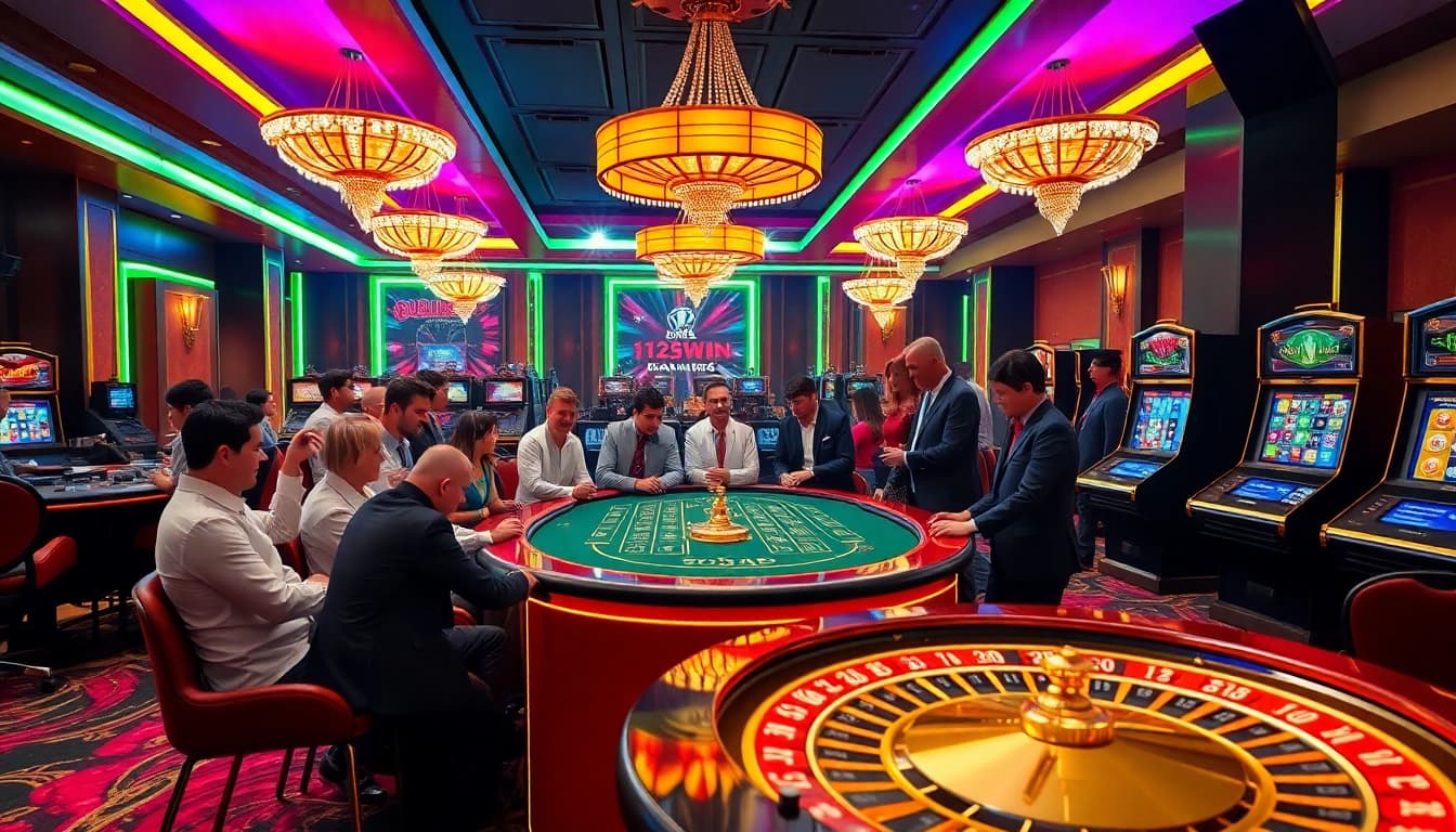 Engaging gamblers at a luxurious 123win casino table with vibrant atmosphere and professional dealers.