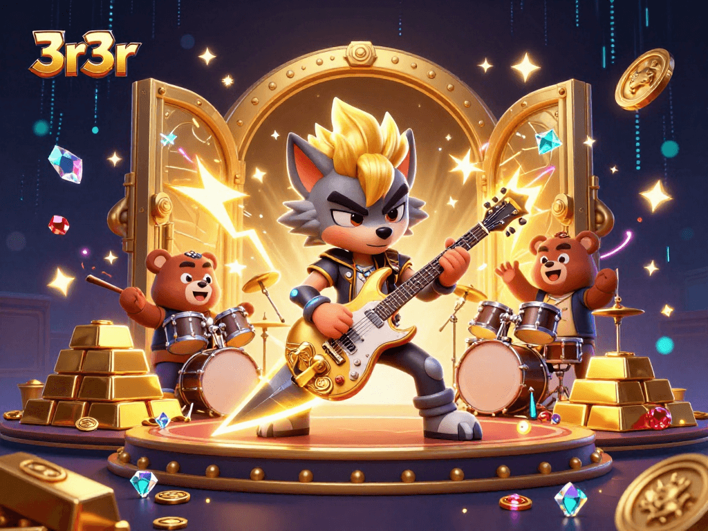 Experience thrilling gameplay with 3r3r, as the rock star wolf performs on a vibrant casino stage.