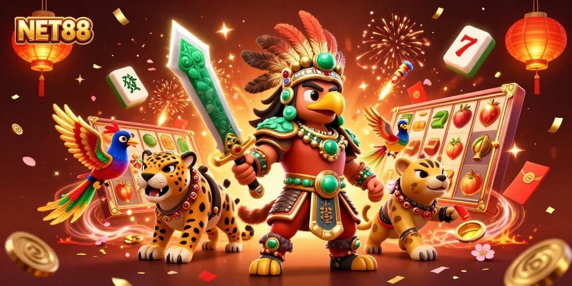 NET88 brings luck with vibrant slot games, featuring dynamic Aztec warriors and rich elements.