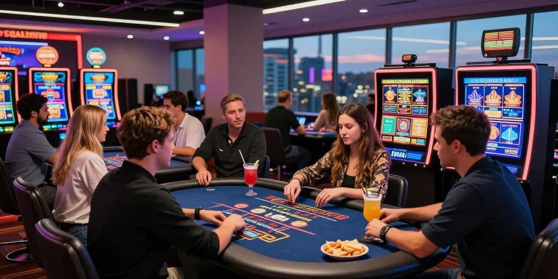 Exciting players at modern gaming tables in online casinos that accept credit cards, showcasing vibrant atmosphere and digital games.