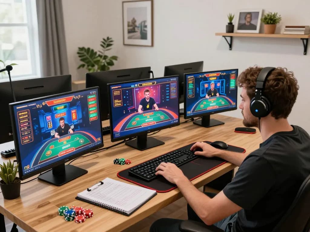 Player engaging with lode88 casino games in a stylish home gaming setup featuring strategic notes and live dealer
