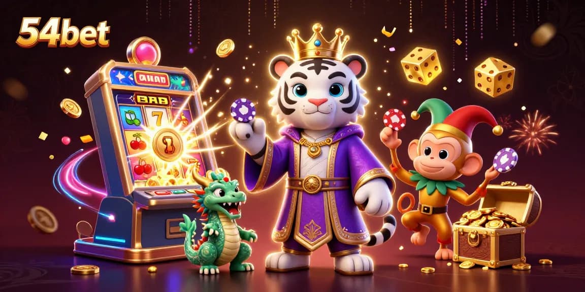 Experience thrilling gaming at 54bet with a vibrant, detailed scene of casino excitement and characters.