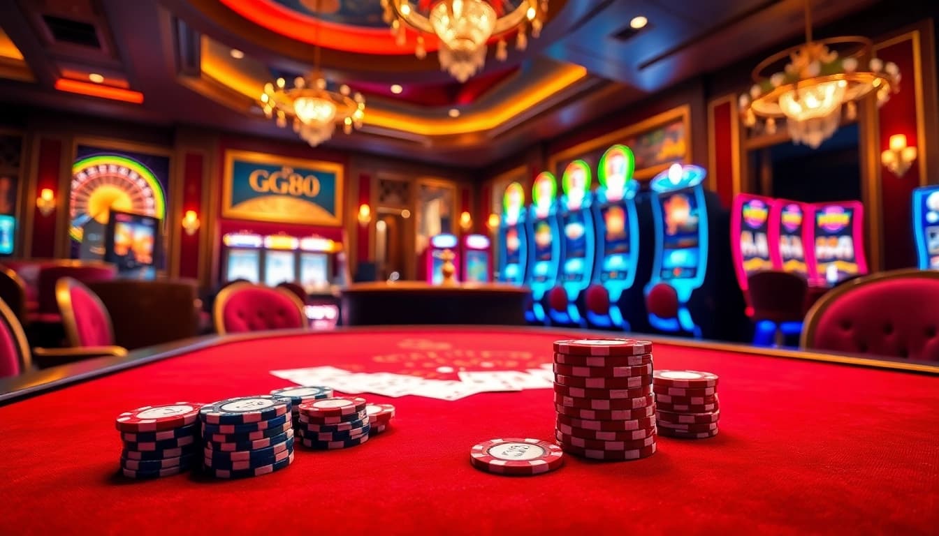 A thrilling gaming scene featuring a GG88-themed casino table with chips and cards.