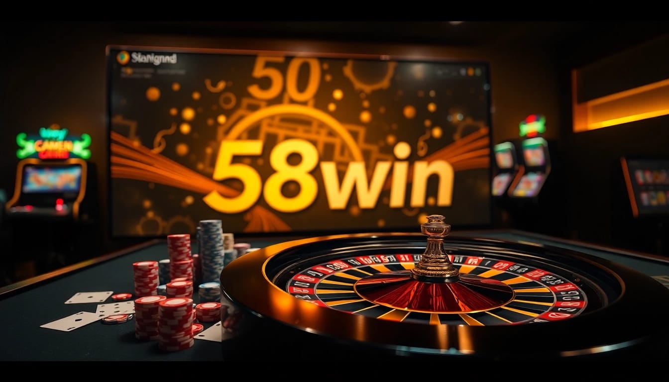 Experience the excitement of gambling at 58win with a luxurious casino setup featuring poker chips and roulette.