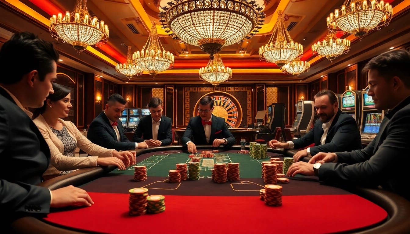 Engaged players at a poker table showcasing HDBET excitement in a luxurious casino.