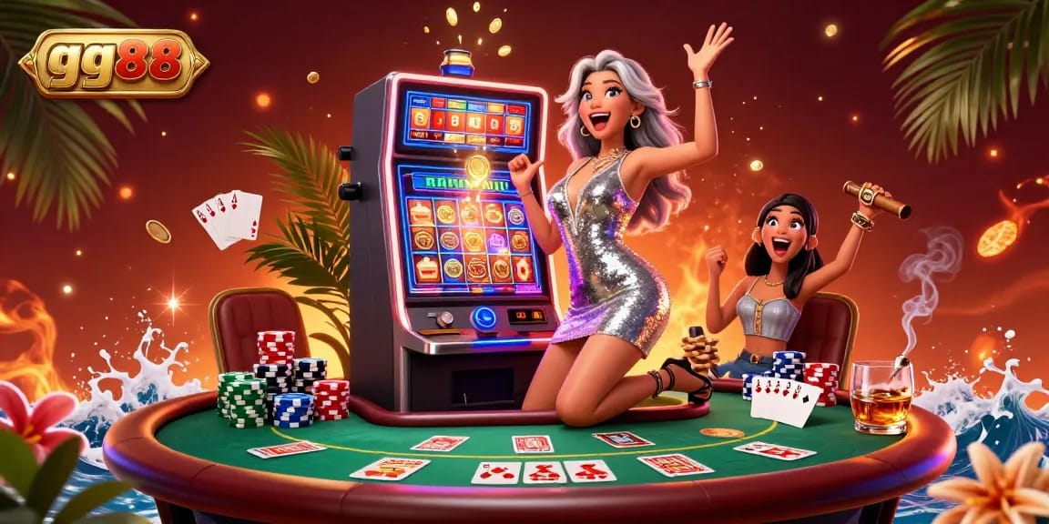 Play slots and win big at gg88, celebrating with golden coins and poker action in a vibrant casino.