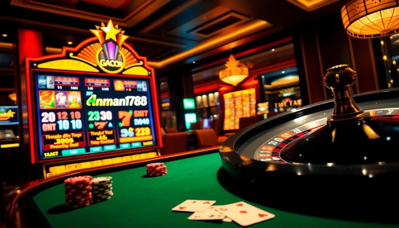 Gulungan berputar di mesin slot gacor aman788 dalam suasana kasino yang cerah.