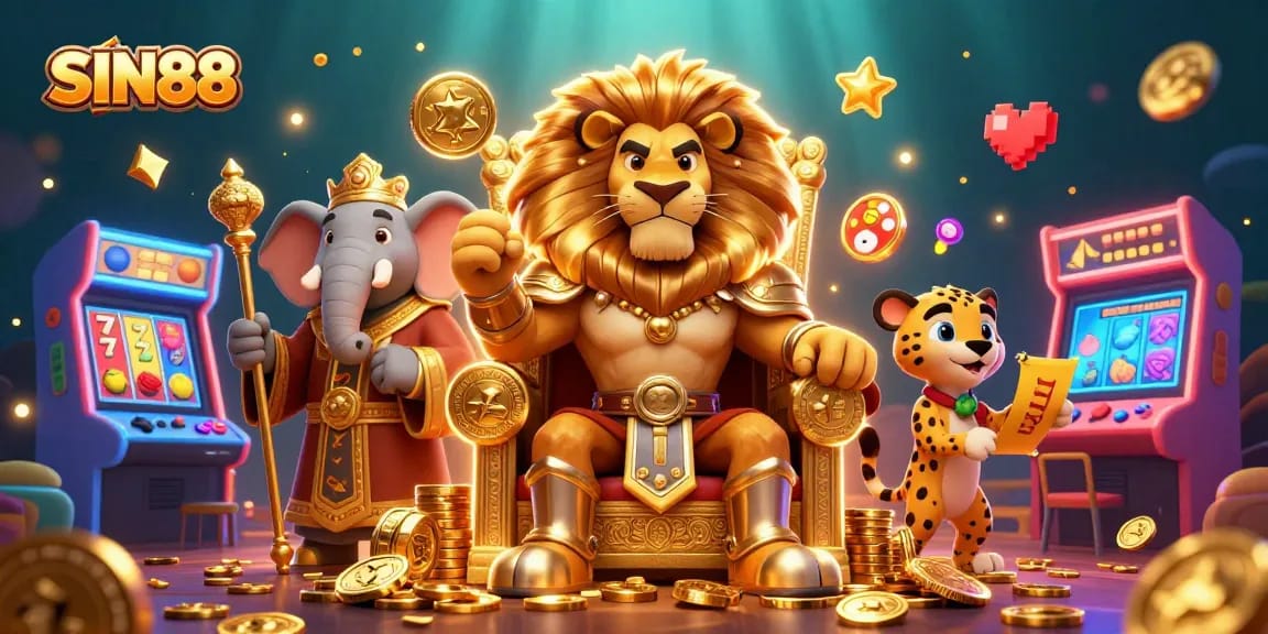SIN88 showcases a lively casino scene with a lion king, elephant advisor, and cheetah messenger amidst slot reels and colorful arcade elements.