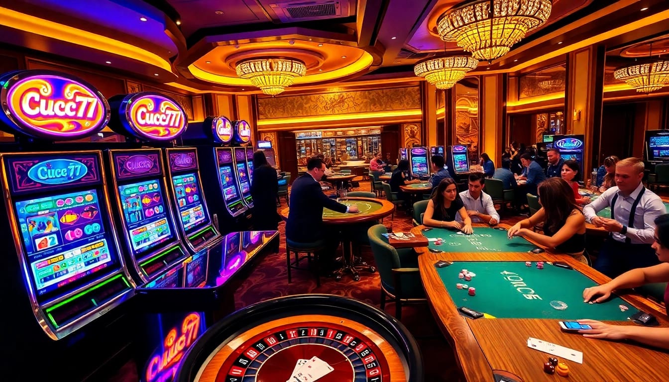 Experience the thrill of Cucu 777 with gamblers engaging at vibrant casino tables and slot machines.