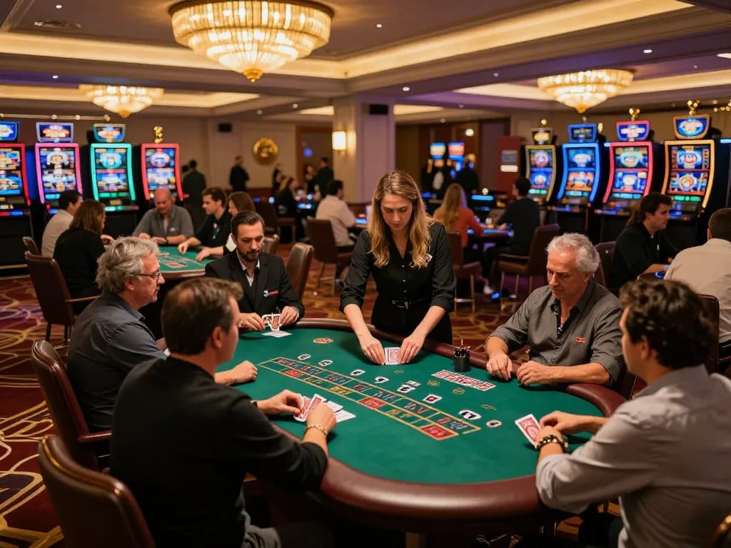 Players enjoy the thrilling gameplay at BERLIAN889 Alternatif in a luxury casino setting with dynamic blackjack action.