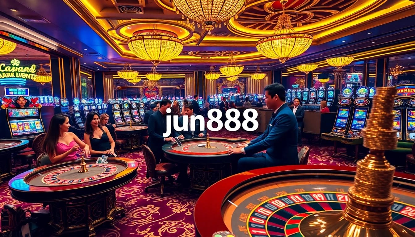 A high-energy casino scene featuring poker games and slot machines, highlighting the excitement of jun888 gaming.