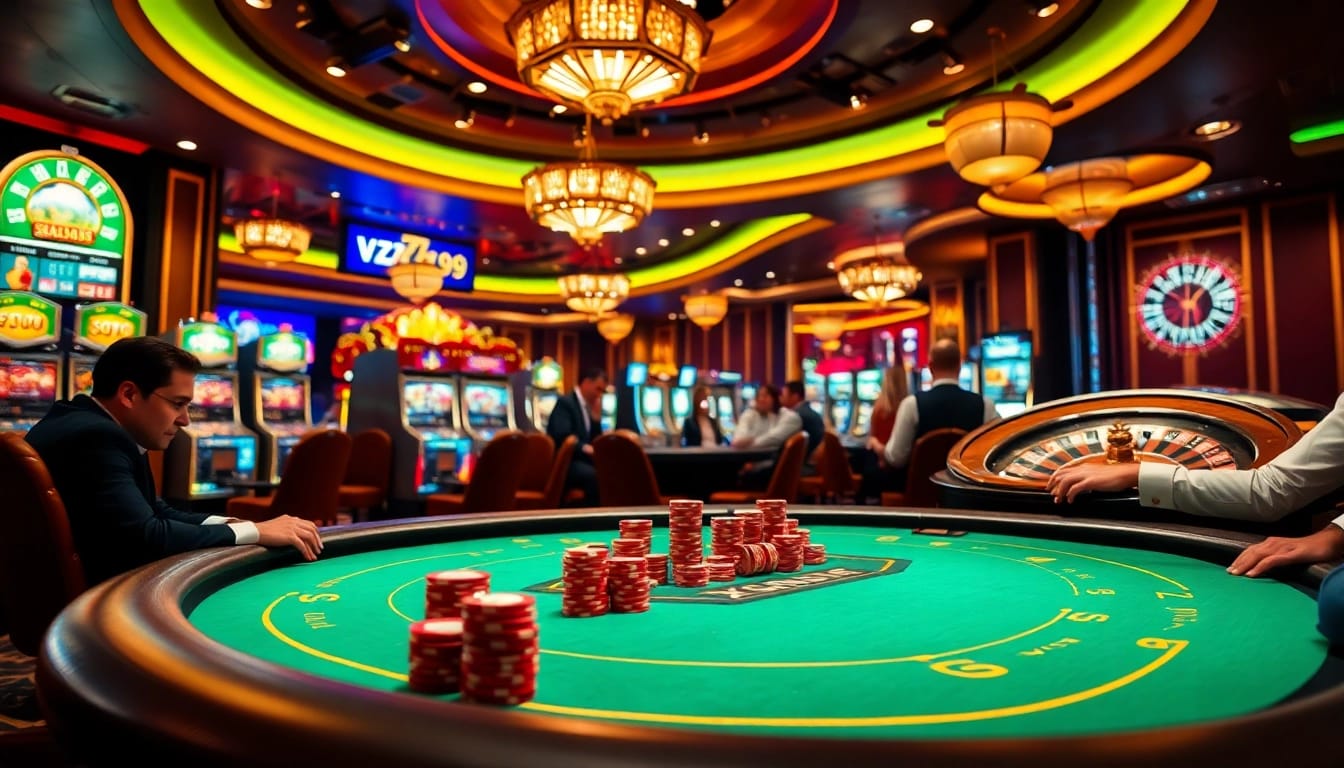 Exciting casino scene featuring vz99 poker game with vibrant tables and chips.