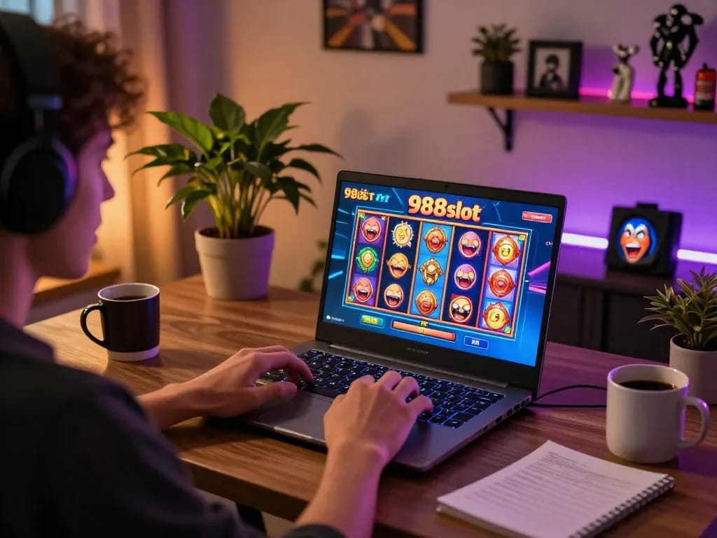 Engaged player experiencing the thrill of 988slot on a modern laptop in a cozy, inviting home environment.