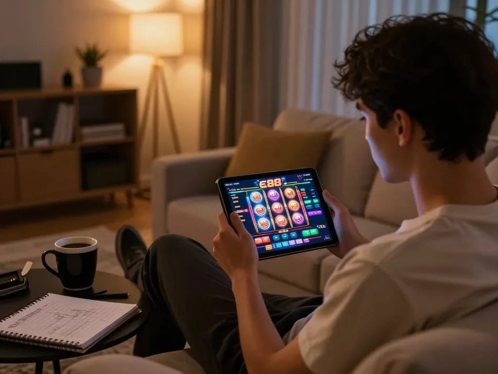 Player enjoying slot88 on tablet in a cozy home setting, showcasing strategic gameplay