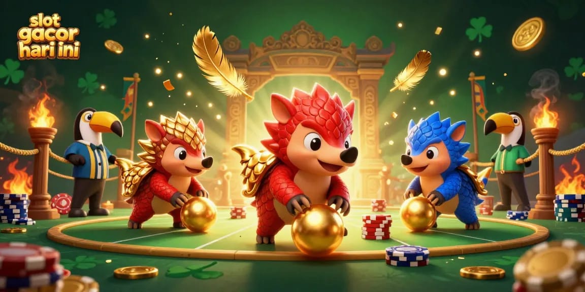 Experience excitement with slot gacor hari ini showcasing playful pangolins amidst golden chips.