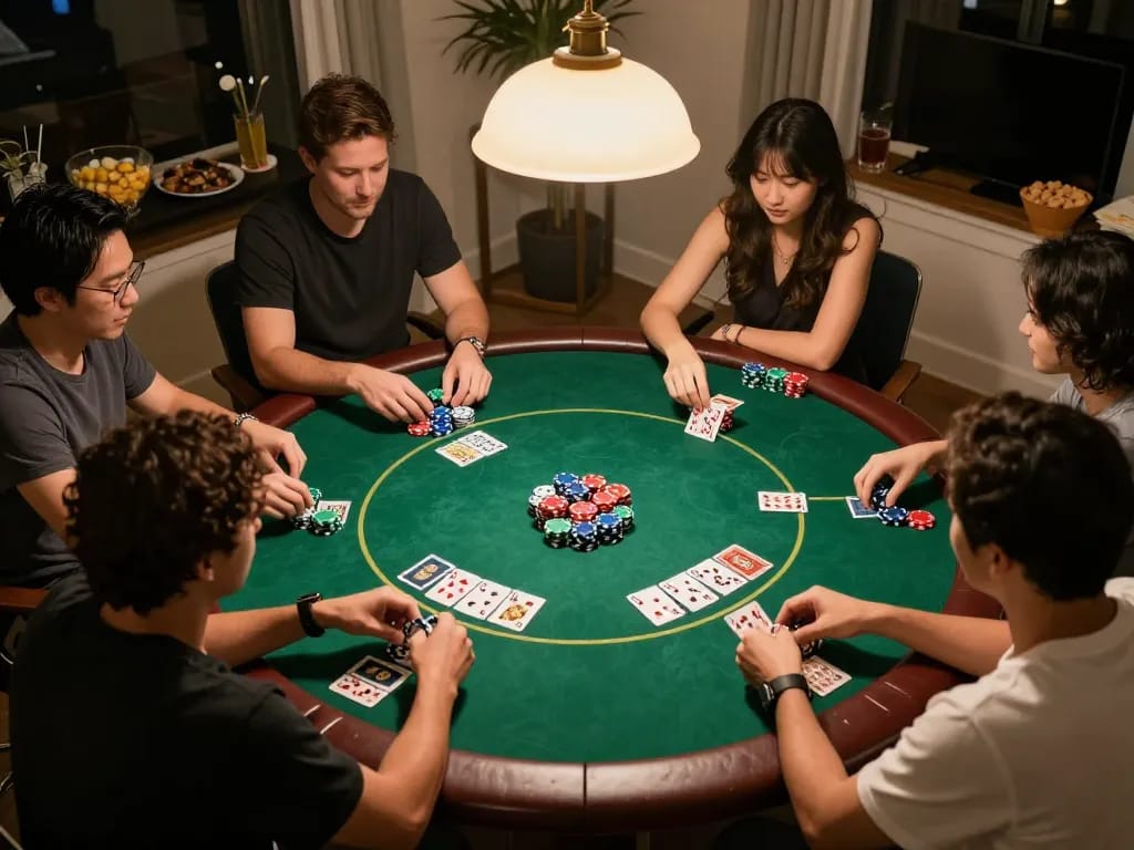 Friends enjoying a poker night at home, showcasing engaging moments of gameplay, strategy, and laughter, relevant to ushimitsusoft
