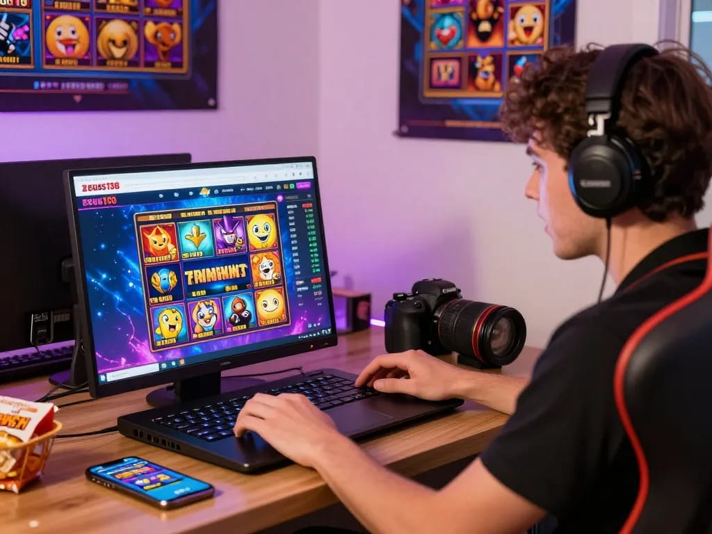 Exciting gaming moment with zeus138 on a laptop, colorful slot machine graphics and player engagement.