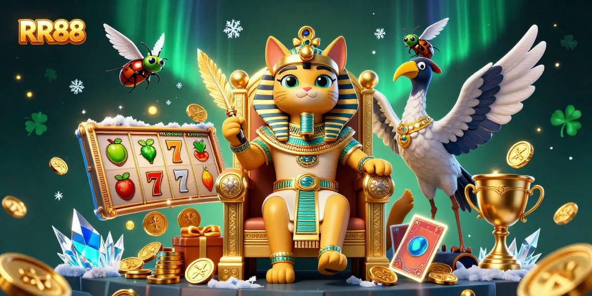 Win big at RR88 with a lively 3D casino scene showcasing a pharaoh cat and exciting game elements.