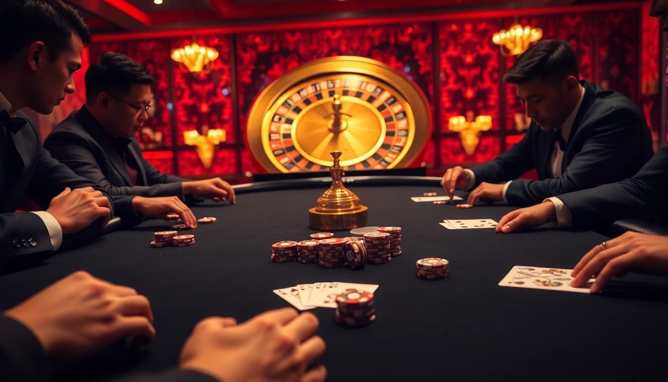 Engaging players at a poker table showcasing jun88 phiên bản casino elements in a vibrant, luxurious setting.