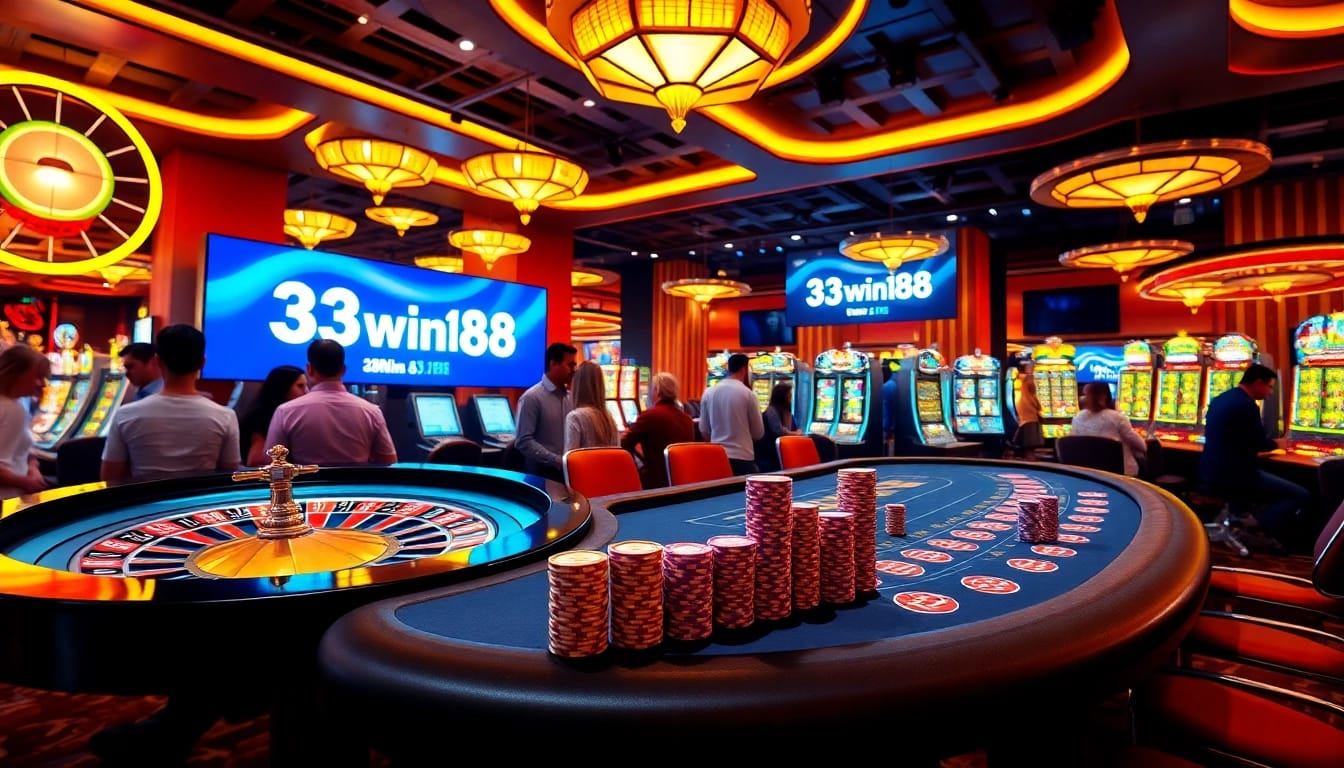 Suasana kasino yang menggembirakan menampilkan 33win68 dengan meja permainan yang ramai dan pemain yang terlibat dalam aksi.