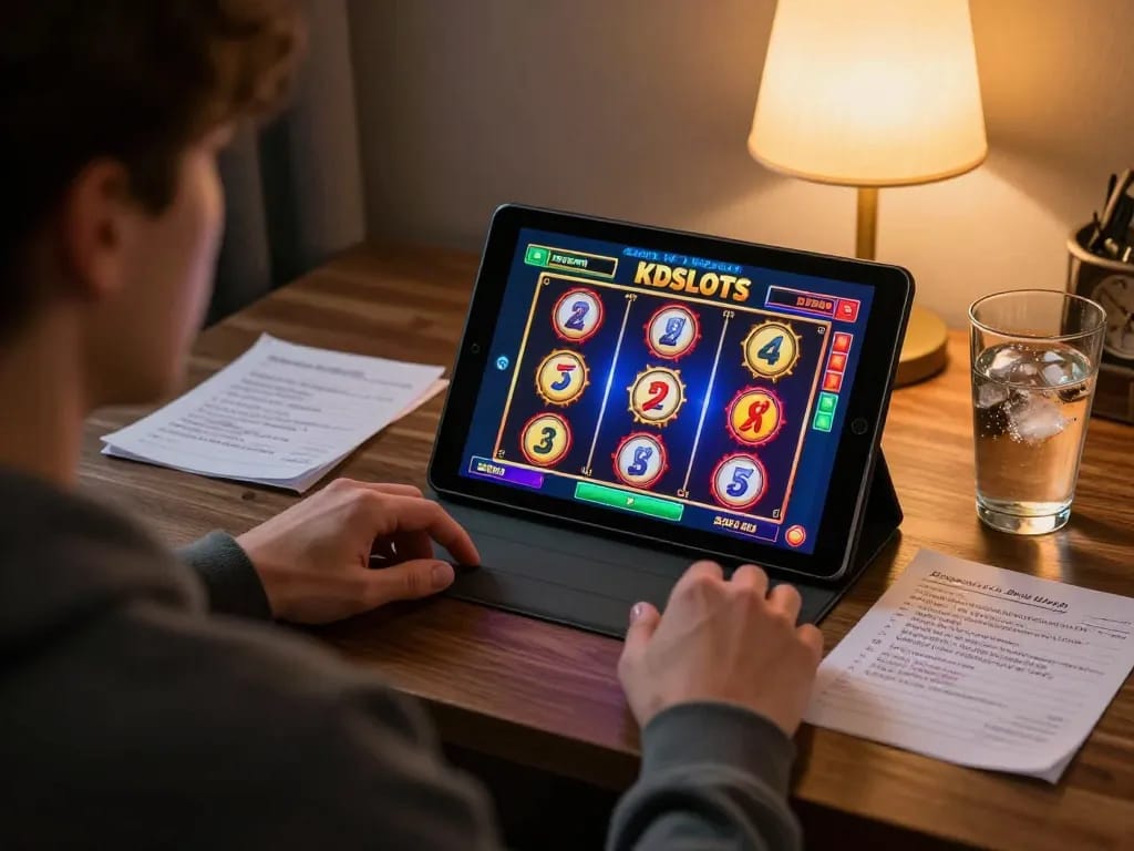 KDSlots player enjoying online slot gaming on tablet with strategy notes nearby, illustrating modern gambling.