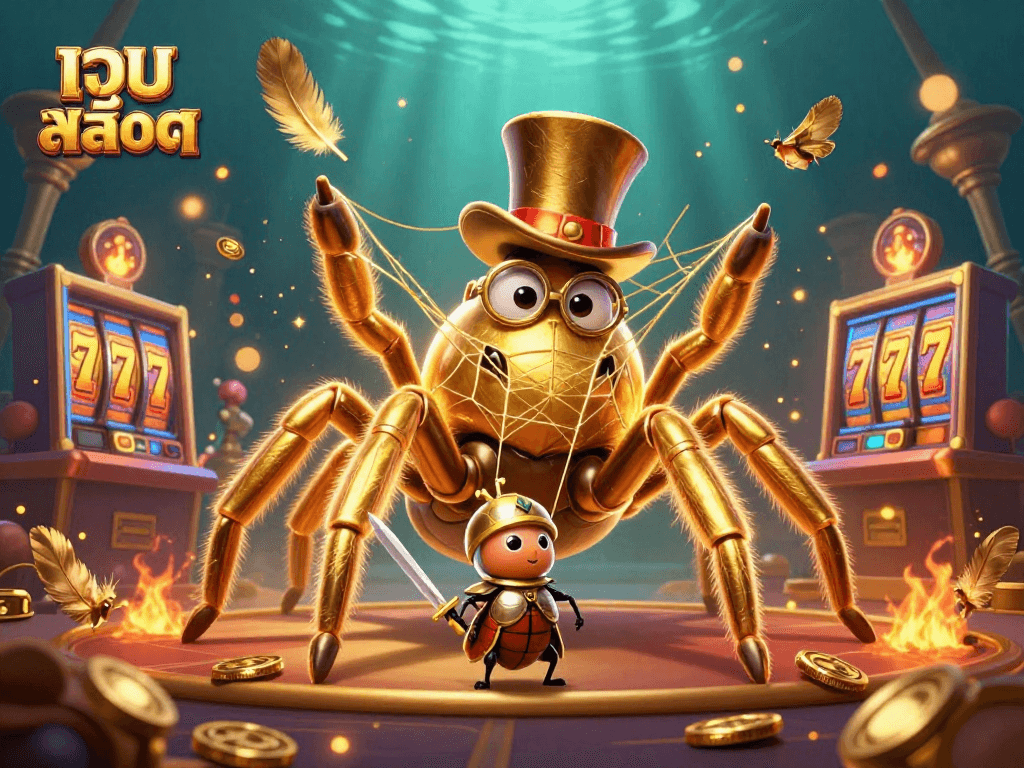 Experience captivating เว็บสล็อต action with a giant golden tarantula and knight in a vibrant 3D scene.