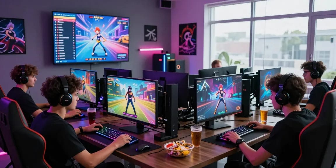Friends engaged in competitive ecchi game session with vibrant 3D graphics