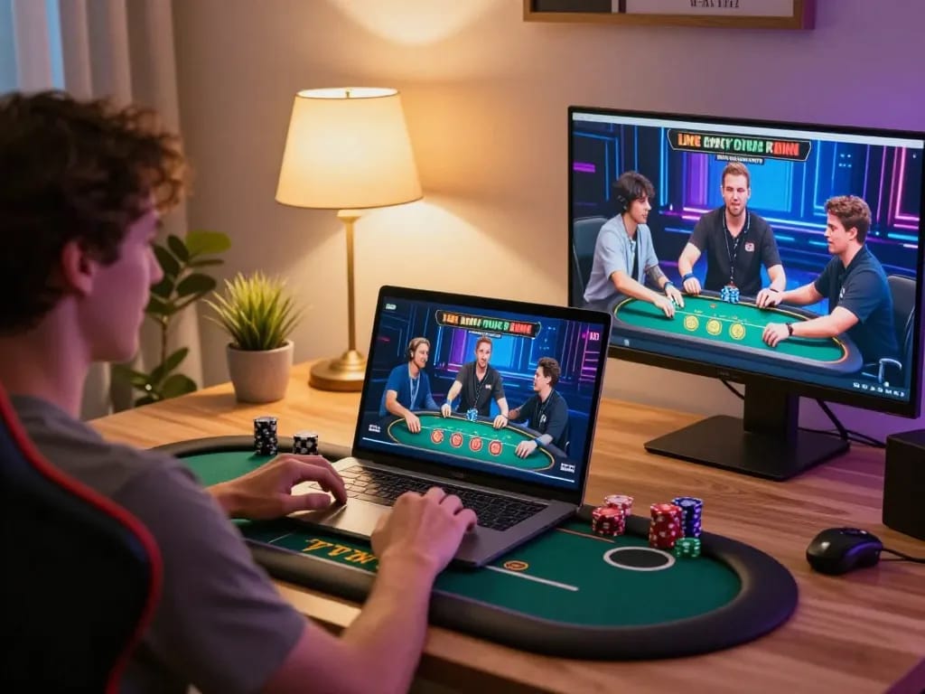 Engaging in online poker with the tập đoàn okwin, showcasing a live dealer game experience in a cozy home setting.
