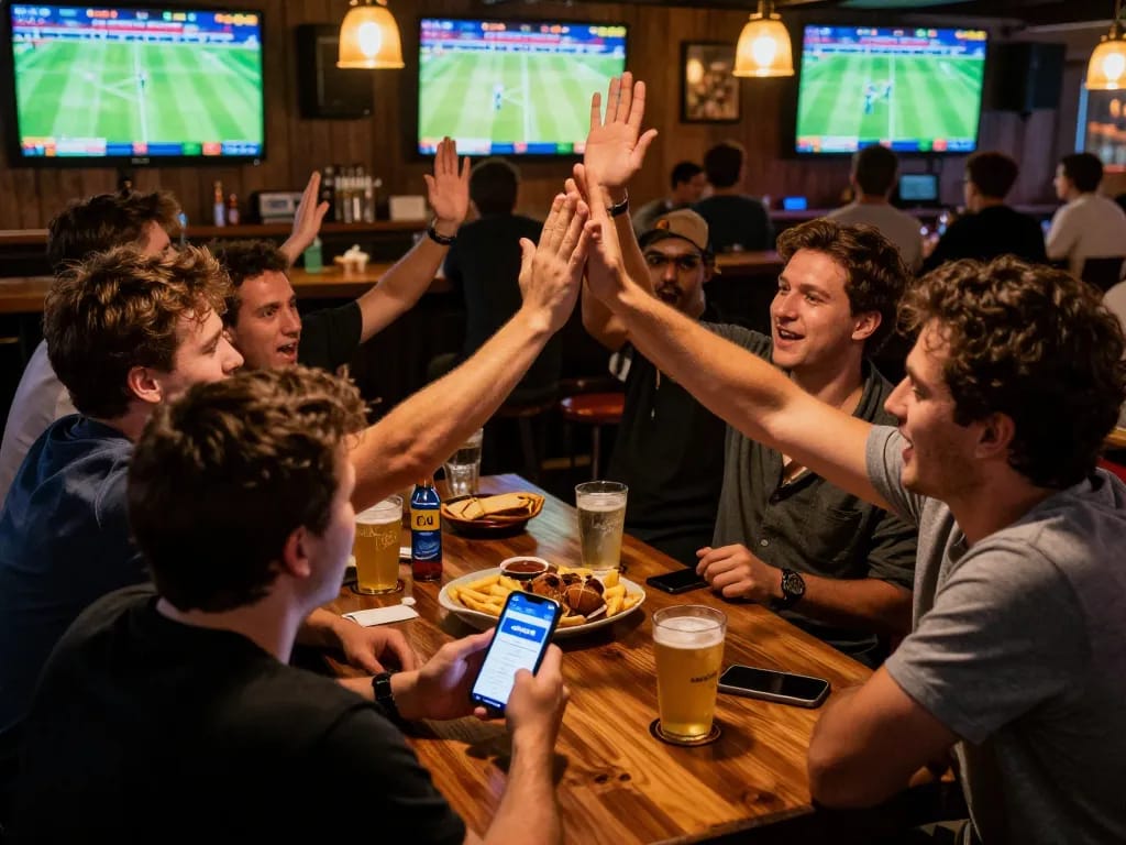 Excited friends placing bets using the 68win app during a live sports event at a bar