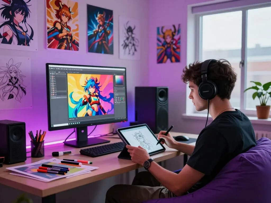 AI artist generating NSFW character designs in vibrant digital art studio, showcasing creative atmosphere.