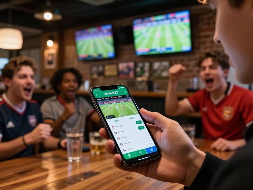 SboBet88 app displayed on smartphone at a buzzing sports bar during live betting.