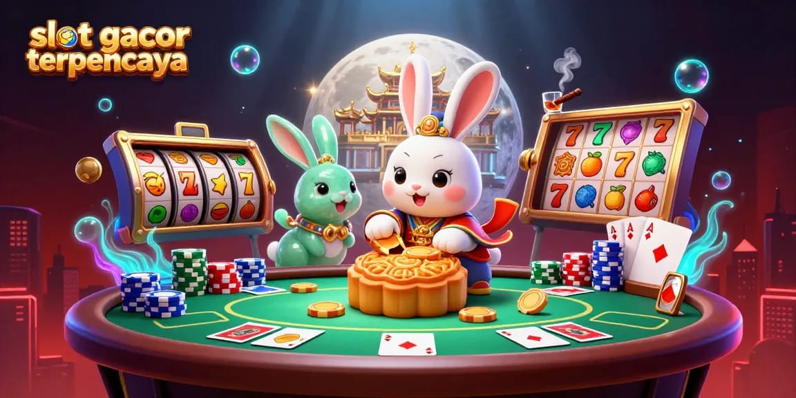 Engage with slot gacor terpercaya as moon rabbits celebrate winning poker chips amidst a vibrant casino atmosphere.