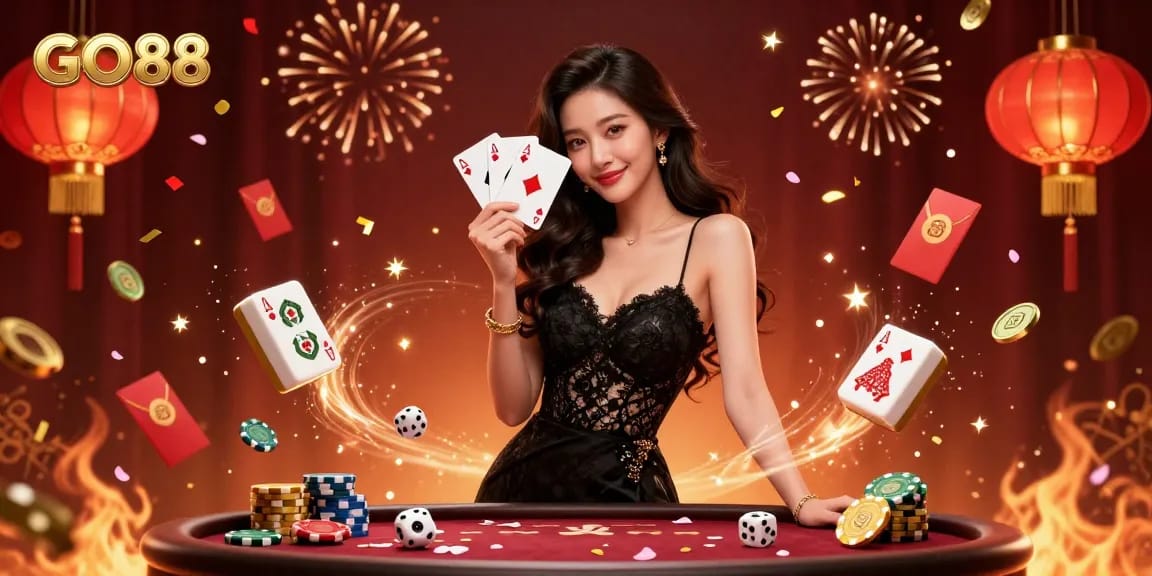 Experience thrilling gameplay at GO88 with a photorealistic illustration of a stylish Asian woman holding ace cards in a luxury casino.