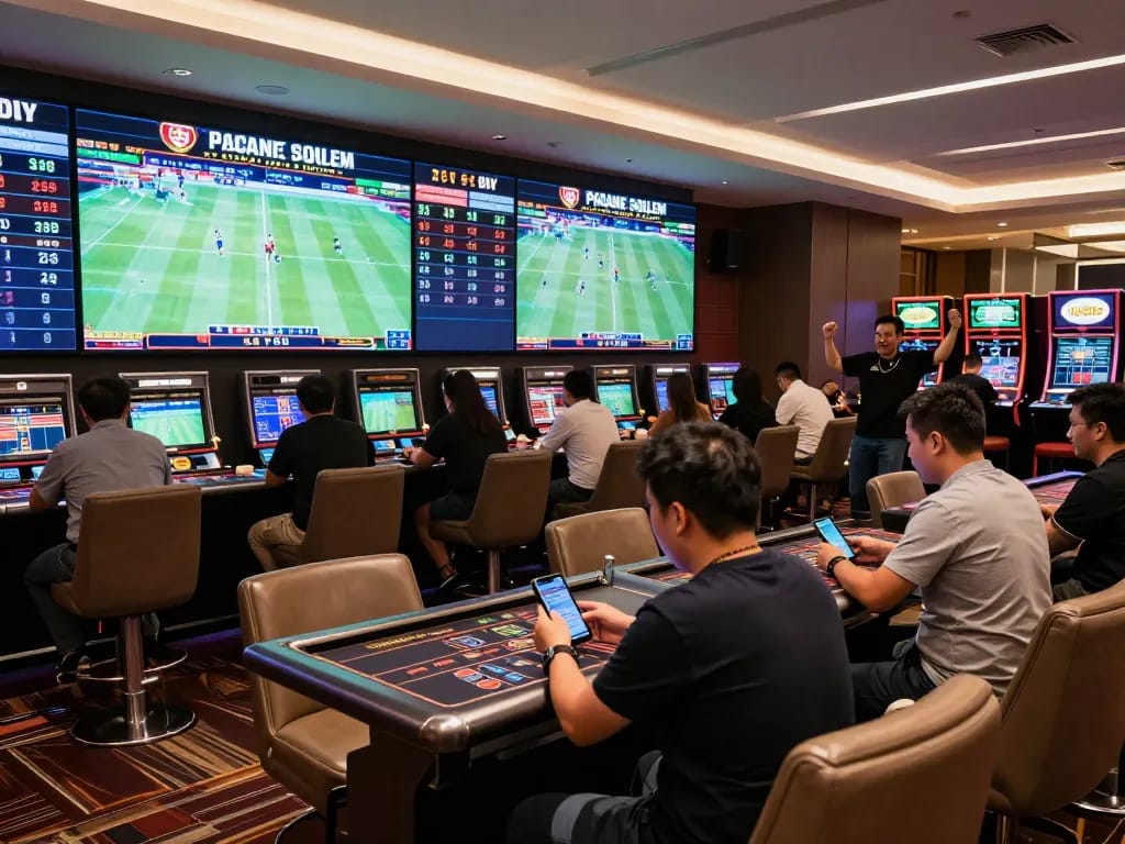 Experience live sports betting excitement at UU88 with dynamic displays and enthusiastic bettors.