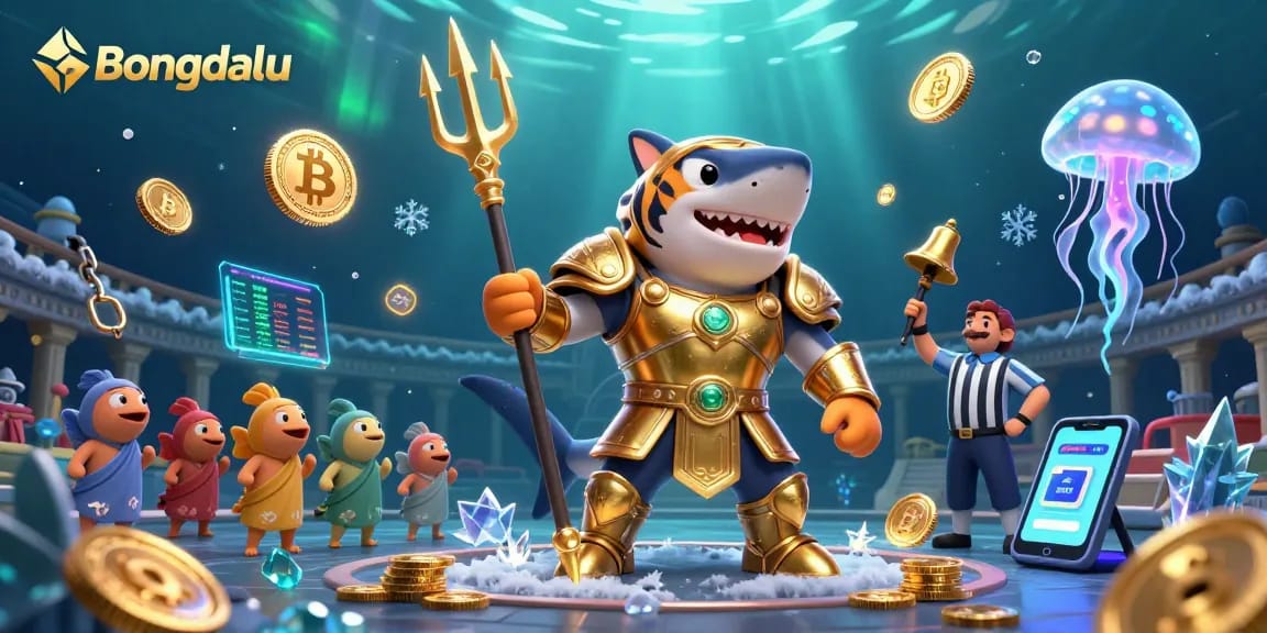 Bongdalu showcases an underwater casino battle scene featuring a tiger shark and crypto elements.