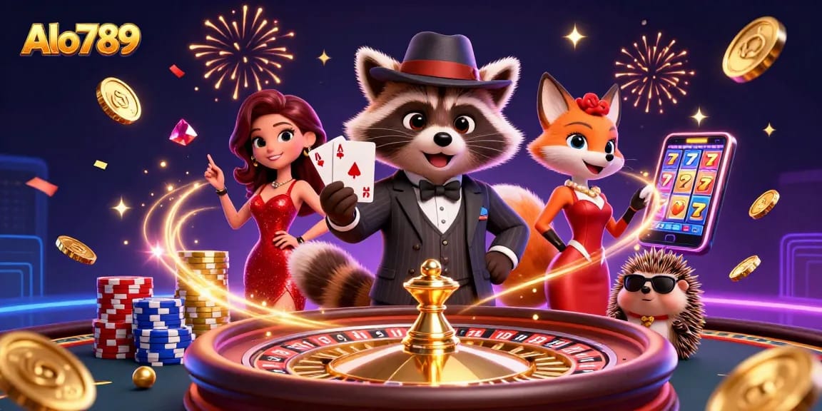 Alo789 showcases thrilling casino action with charming characters and dynamic gaming atmosphere.