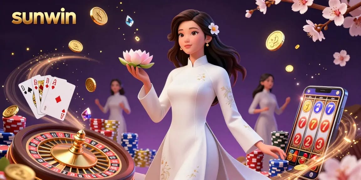 Experience the excitement of sunwin with vibrant casino elements and a graceful character in celebration.